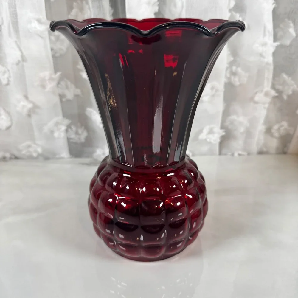 Vintage Anchor Hocking Ruby Red Pineapple Flared Bubble‎ Vase 8.75